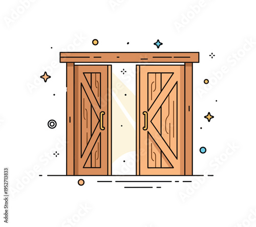 Open barn door concept featuring slightly parted wooden doors with soft light shining through, symbolizing opportunity and welcoming space. The compact
