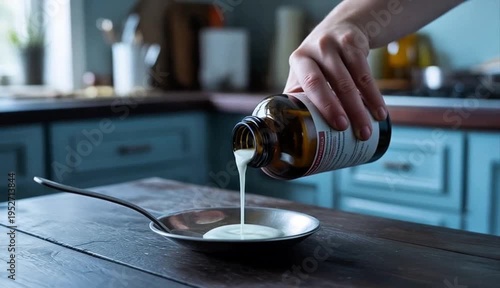 A person carefully pours a white liquid from an amber bottle into a small metal pan on a wooden table
