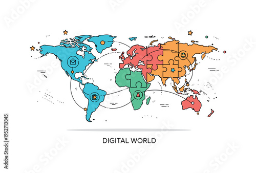 World map puzzle digital connectivity theme illustrated by interlocking continent pieces with subtle network line accents, symbolizing technology linking the