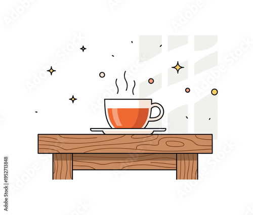 Cup of tea resting on a textured wooden table, morning rays filtering through nearby curtains, highlighting tranquility and a slow start to the day. Minimalist