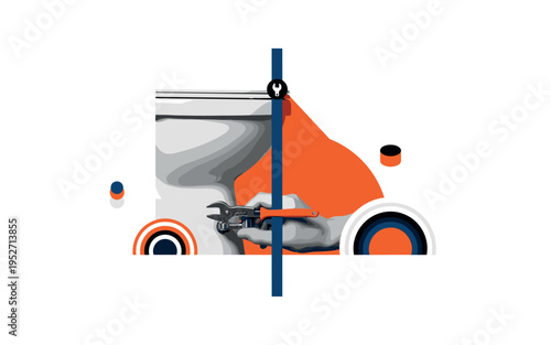 Black and white hand tightening a bolt at the base of a toilet, bold orange semicircle rising behind like focused spotlight, thin navy vertical stripe dividing