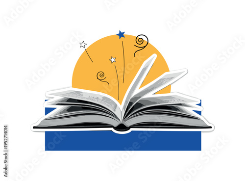 Black and white open storybook with illustrated pages slightly curved, oversized warm yellow circle behind the book symbolizing imagination, deep cobalt blue