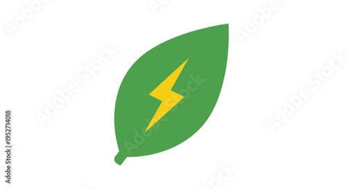 Abstract green leaf with yellow lightning bolt, symbol for sustainable energy solution