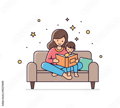 Mother and child reading together on a couch representing shared learning and bedtime connection. Gentle sparkles above the open book suggest imagination and