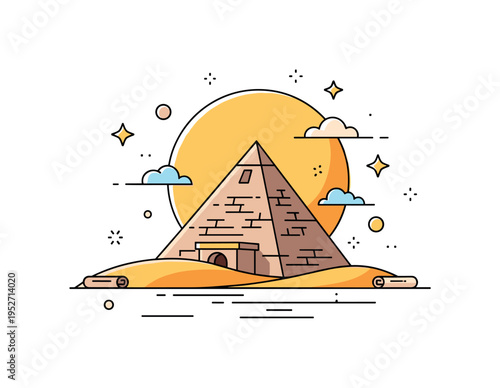 Ancient civilizations monumental stone pyramid rising above desert sand with a bright sun disk behind it, expressing early architectural genius and cultural