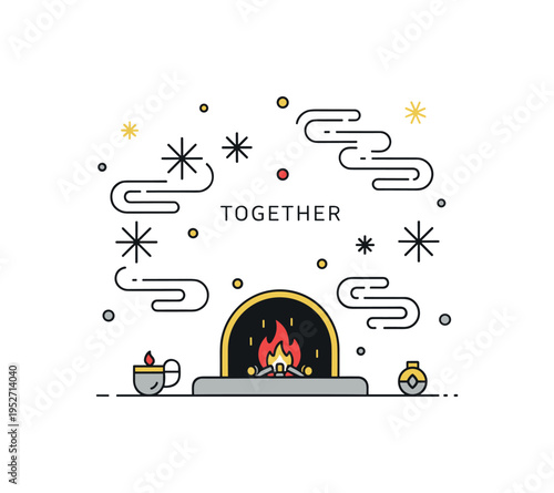 Intimate winter gathering concept featuring a glowing hearth framed by minimal decorative stars and gentle smoke curves. A subtle ?Together? text accent