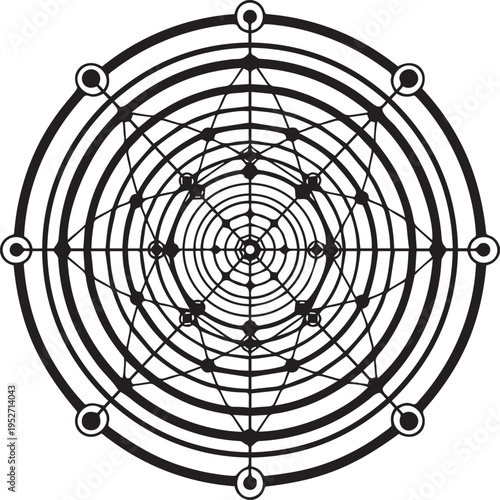 Sacred geometry circle mandala with cosmic network and orbital lines