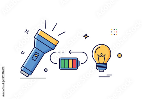 Simple electrical circuit explanation illustrated by a flashlight body with a tiny closed loop arrow running through battery and bulb, expressing the