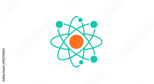 Atomic structure illustration showing nucleus and orbiting electrons on a white background design