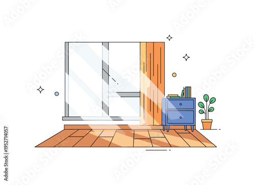 Soft light rays streaming through a window onto a wooden floor, creating gentle highlights and warm, calming ambiance in an indoor scene. Minimalist flat