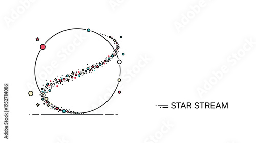 Interstellar clouds cosmic dust trail theme featuring a curved band of tiny star particles stretching across a minimal dark circle, representing movement and
