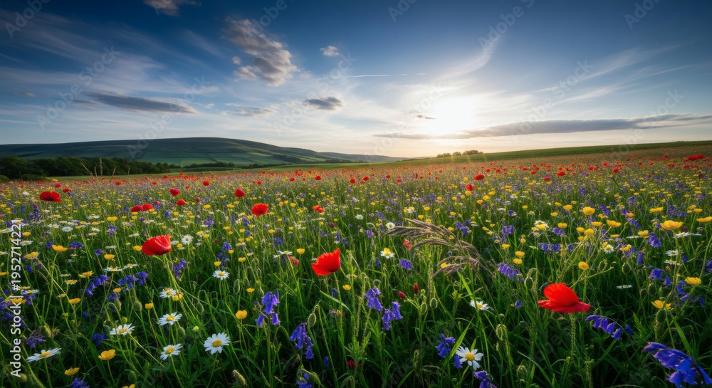 Obraz premium A vibrant spring meadow bursting with colorful wildflowers under a bright blue sky during a beautiful sunset