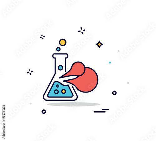 Laboratory chimeric research badge featuring a small flask icon containing two contrasting shapes merging inside, expressing controlled scientific