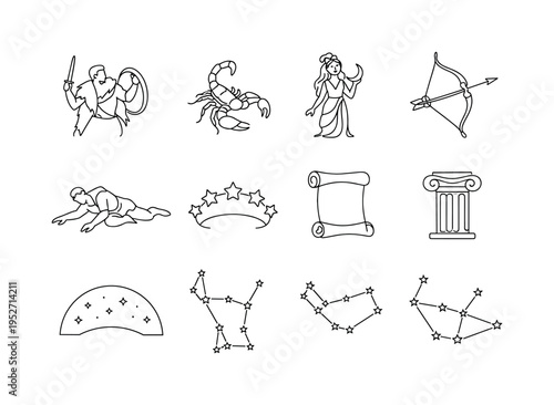 Orion Mythology. Minimalistic set one-line drawing hunter with shield, raised sword, lion skin cloak outline, scorpion symbol, goddess figure