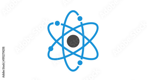 Illustration of an atom model in blue and gray against a white background