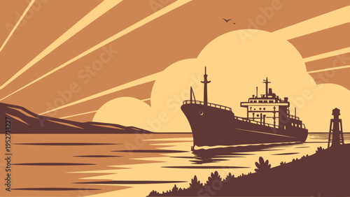 Oil Tanker Ship Sunset Vector – Cinematic Maritime Illustration
