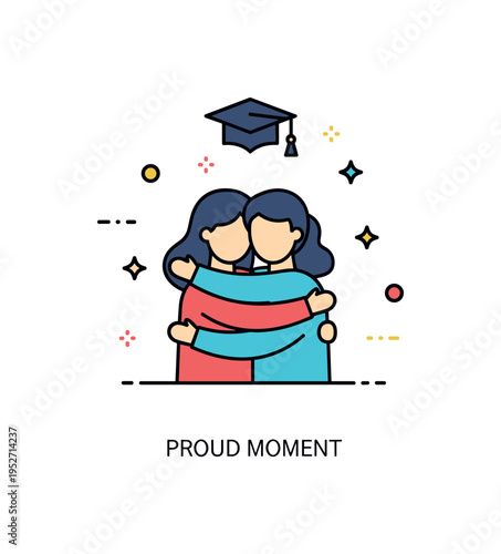 Graduation celebration hug featuring two figures embracing with a small cap icon floating above. A short ?Proud Moment? label conveys achievement, support and
