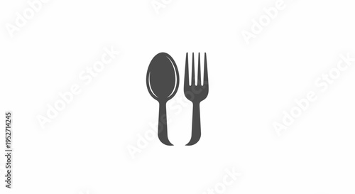 Minimalist monochrome silverware design featuring a spoon and fork on a white background