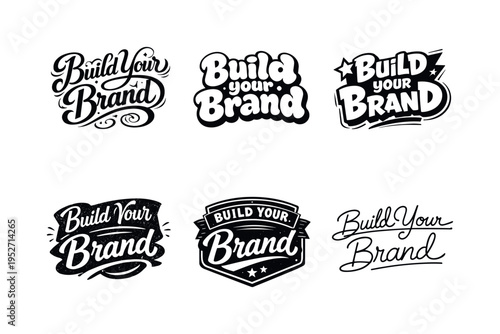 Build Your Brand. Set lettering. harmonious lettering variations of the same emblematic concept, each with different artistic interpretation (Whimsical curly