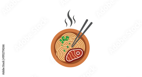 Minimalist Illustration of Ramen with Steak and Chopsticks on White Background