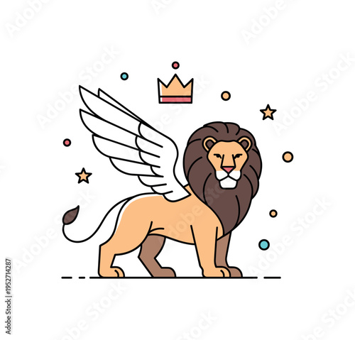 Winged lion heraldic creature standing confidently with a small crown icon above its head, combining courage and nobility in a simplified emblem composition.