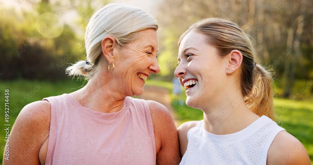 Naklejka premium Fitness, laughing and mom with girl in park for workout, outdoor exercise or wellness for health. Mature mother, daughter or happy women in nature for training, sports routine or bonding in Australia
