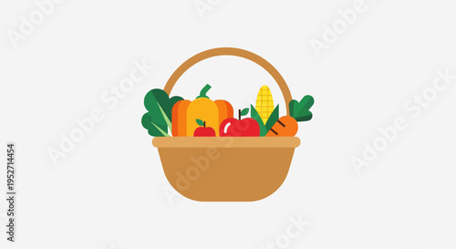 Illustration of a basket overflowing with fresh and colorful vegetables and fruits.