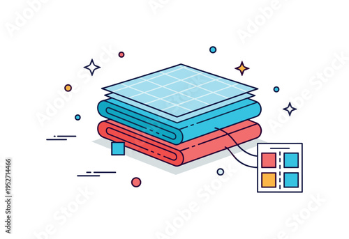 Fabric selection process with layered textile samples arranged in a compact balanced scene expressing texture, color coordination, and material choice. Clean