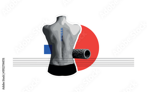 Black and white retro torso of a person using a foam roller on the back, large contrasting red semicircle pressing from one side, thin horizontal lines