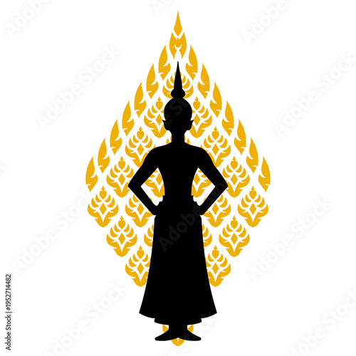 Luxury Gold Kanok Flame Frame Black Thai Dancer Silhouette Vector