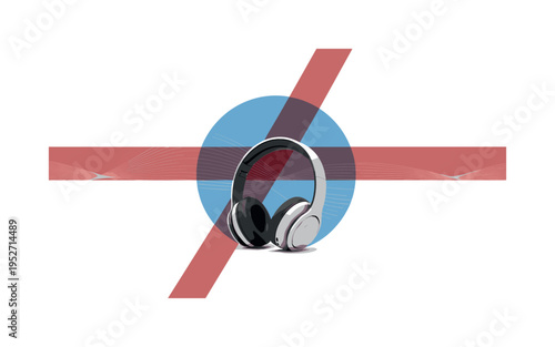 Black and white pair of headphones resting on minimal surface, large blue circular halo behind them symbolizing immersive calm, red diagonal stripe subtly