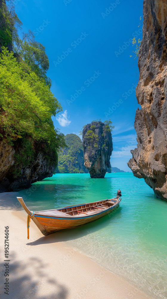 Obraz premium AI generator images of Pristine sandy beaches with beached ships, crystal-clear waters, and towering limestone mountains—Khao Tapu (also known worldwide as James Bond Island)