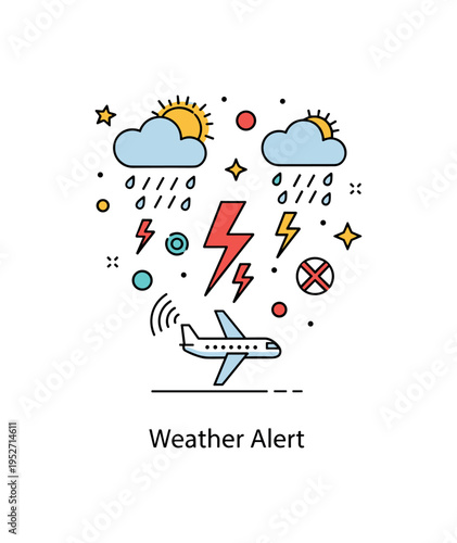 Unpredictable weather travel disruption concept shown as a tiny airplane icon beneath mixed rain and lightning symbols, expressing uncertain journeys and
