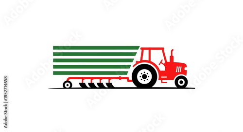 Minimalist red tractor design with green lines for agriculture and farming logo elements