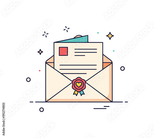 Envelope and handmade card preparation scene illustrated by a folded card partially inserted into an envelope with small heart seal, expressing anticipation