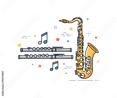Wind instrument craftsmanship concept featuring combined flute keys and saxophone curves arranged harmoniously. Subtle note icons and balanced
