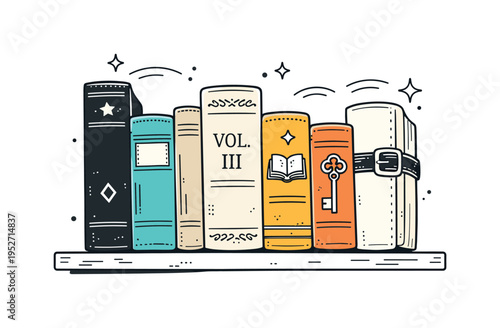 Antique bookshelf detail. A close, minimal scene of worn book spines on an old bookshelf, sense of history and knowledge, soft decorative lines emphasizing