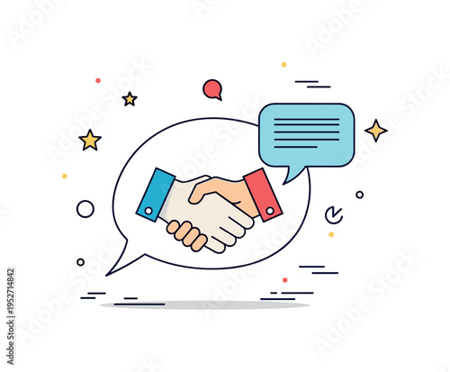 Public relations strategy theme illustrated through a handshake emerging from a speech bubble, symbolizing trust building, communication, and positive media