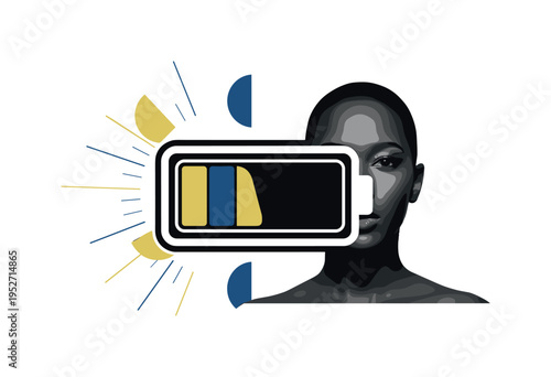 A monochrome battery icon partially merged with a realistic human silhouette, bold geometric blocks indicating low charge, semicircles and thin lines radiating