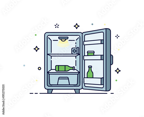 Empty fridge realization illustrated by an open refrigerator showing only a single bottle and light inside, expressing humor and mild disappointment during a