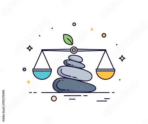 Gentle balance theme centered on stacked smooth stones with a tiny leaf accent to symbolize equilibrium and grounded presence. The badge-style composition