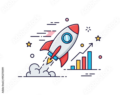 Startup launch strategy illustrated by a rocket integrated with a small upward arrow graph, symbolizing rapid growth and bold business initiatives. The