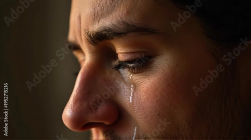 A close-up shot of a man's face as a tear slowly rolls down his cheek
