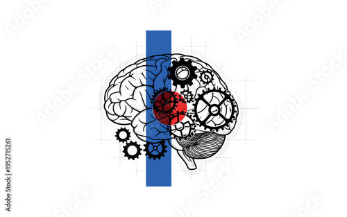 Black and white brain illustration combined with mechanical gear shapes, bold blue vertical stripe dividing organic and structured learning, red circular