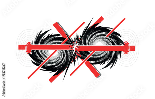 Black and white conceptual depiction of colliding galaxies with swirling forms overlapping, combined with bold red rectangular shapes and diagonal lines
