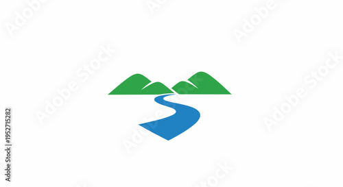 Minimalist landscape logo featuring mountains and a winding river against a white backdrop