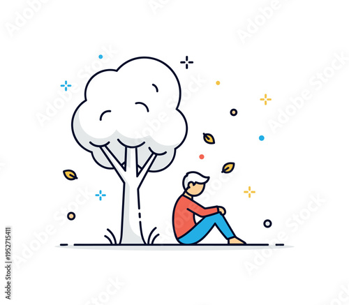 Quiet reflection in grief represented by a single figure sitting beneath a simple tree silhouette, symbolizing contemplation, acceptance, and gentle emotional