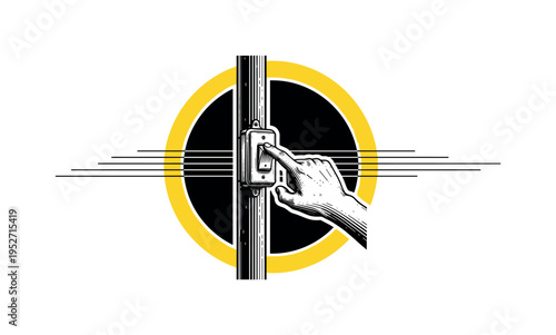 Black and white hand pressing a street light control switch, intersected by a bold yellow circular frame and subtle linear elements forming structured layout,