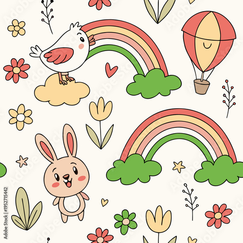 Hand drawn seamless pattern with bunny bird rainbows and hot air balloons for spring garden theme nursery wallpaper and children fabric textile print