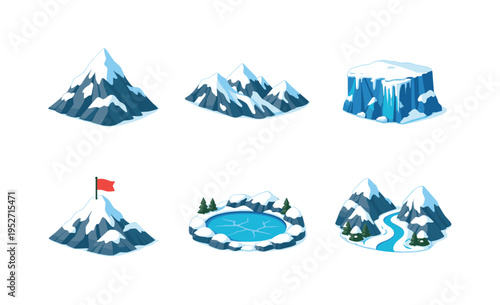 Snowy Mountain. Isometric flat vector icons set of snowy mountain: snow covered peak, mountain ridge with snow, icy cliff face, alpine summit flag, frozen